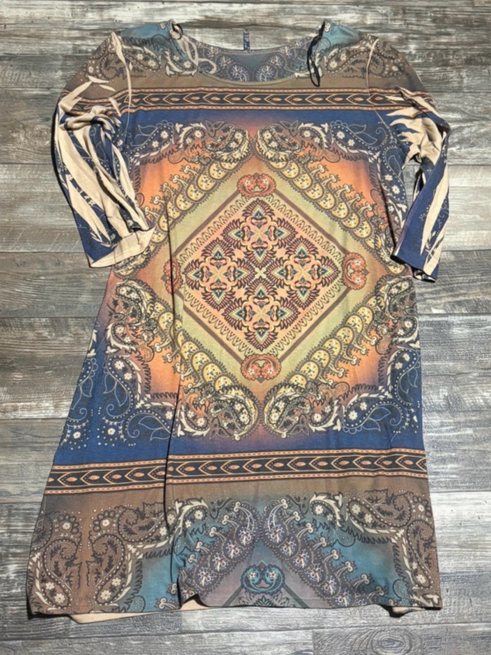 Paisley Medallion Midi Dress in Blue and Tan